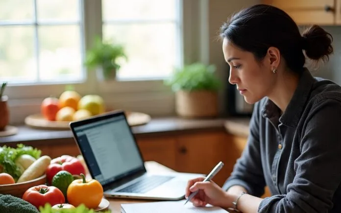 What Is Meal Planning Woman seated at a table, working on a laptop with a notebook open beside her, planning her meal.